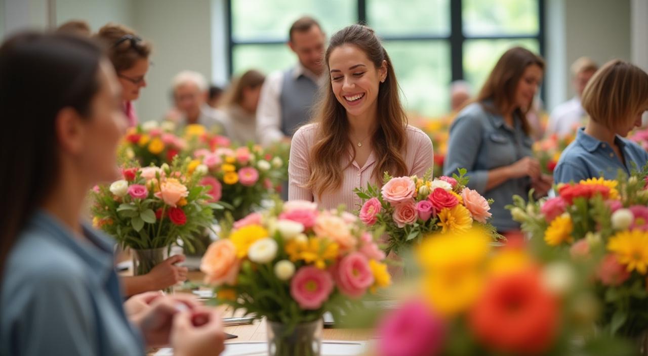 Vidám résztvevők egy virágkötészeti workshopon, amint éppen saját csokraikat készítik.