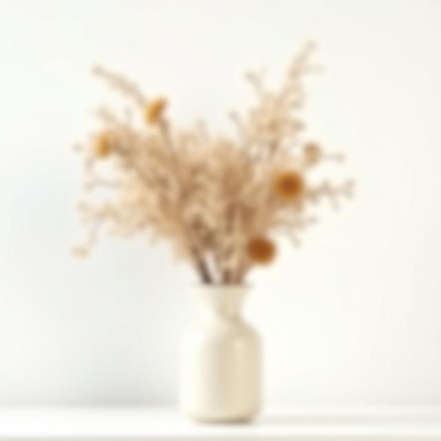 Modern, minimalista kompozíció szárított virágokból egy kerámia vázában.